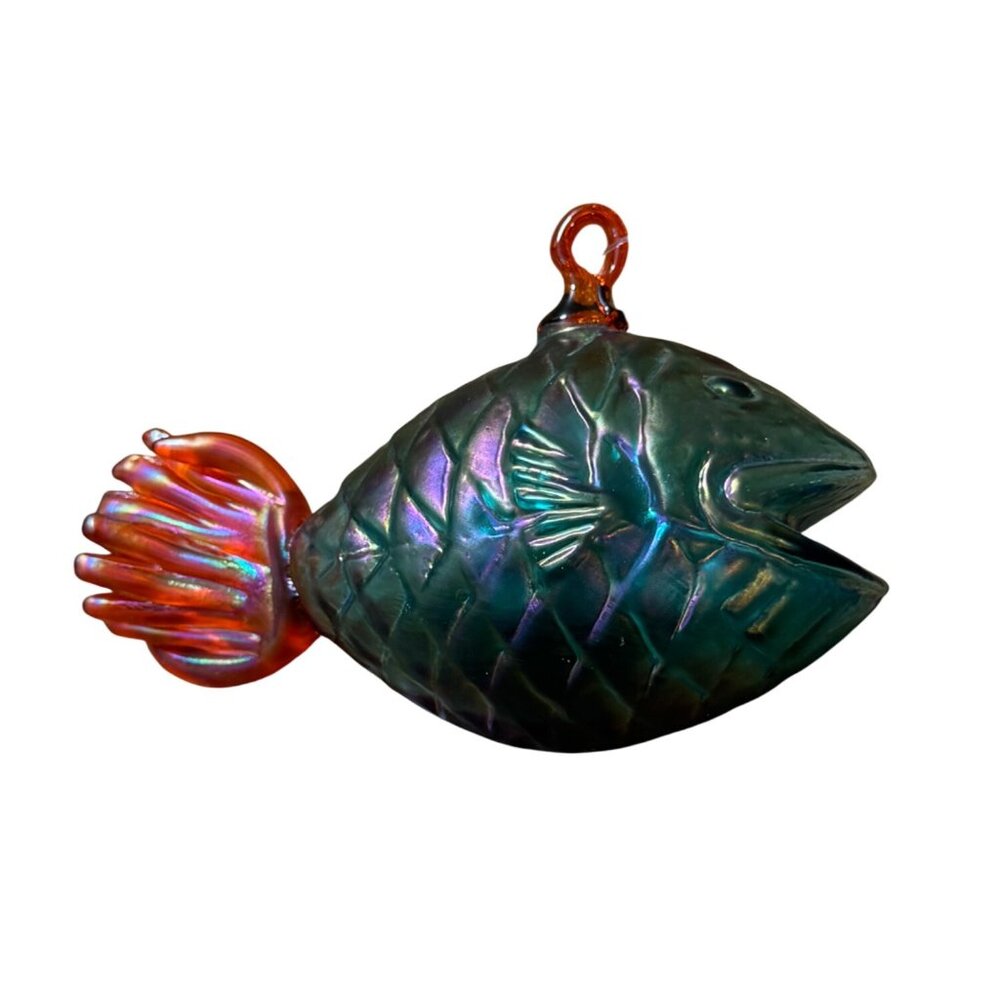Hand Blown Glass Fish Ornament  Blue Iridescent With Orange Tail